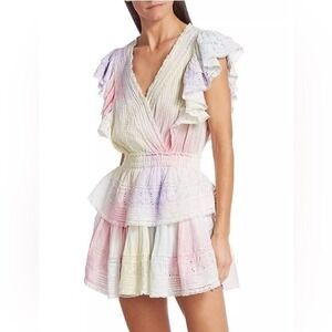 LoveShackFancy || Gwen Mini Dress Tie Dye‎ Eyelet Ruffle V-neck Pink Large